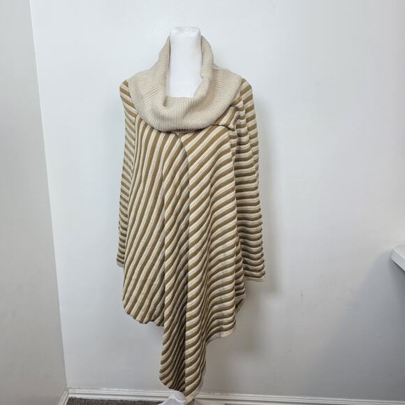 Faded Glory Tan Cream Striped Turtle Neck Oversized Lagenlook Poncho One Size - Picture 1 of 6